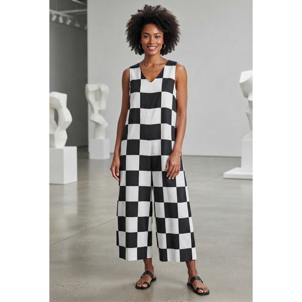 Linen Blend Checkered Wide Leg Jumpsuit Black White Sleeveless V-Neck Cropped
